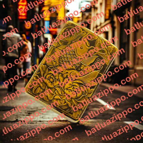 Bật Lửa Zippo Bản Đồng Trơn Khắc Hình 3d Cá Hoa Sen Siêu Nét Phiên Bản 2
