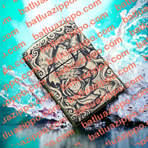 BẬT LỬA ZIPPO BẢN ĐỒNG TRƠN KHẮC HÌNH 3D CÁ HOA SEN SIÊU NÉT -